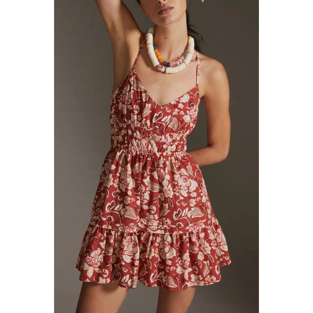 Anthropologie Rust and Cream Floral Spaghetti-Strap Mini Dress